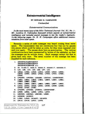 Documento dell'NSA riguardo le intercettazioni extraterrestri